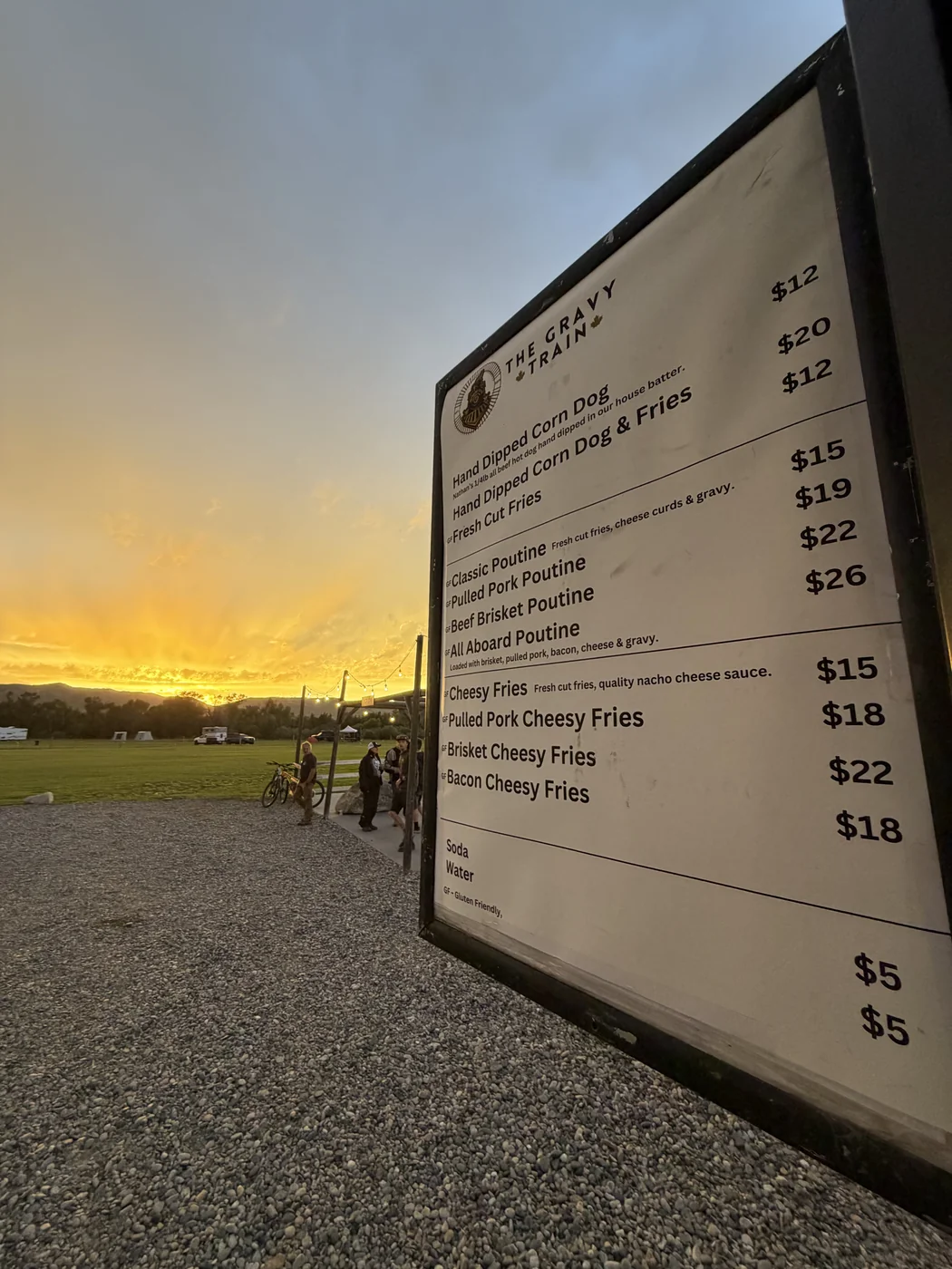 The Gravy Train menu board at sunset at The Big Thing overland event