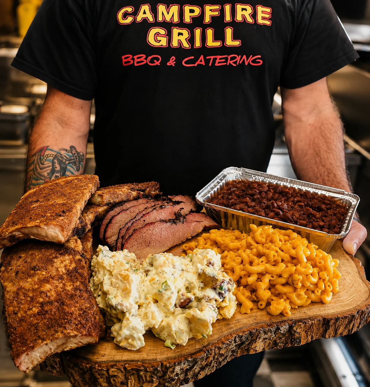 Campfire Grill BBQ spread — ribs, brisket, mac and cheese sides